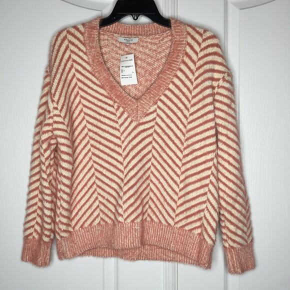 FRNCH Pullover Sweater V-Neck Long Sleeve Diagonal Stripe Chenille Rose Soft S/M - Picture 2 of 7